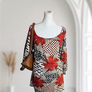 Boho Mixed Print Peasant Tunic Mini Dress Size XL Floral Checkerboard